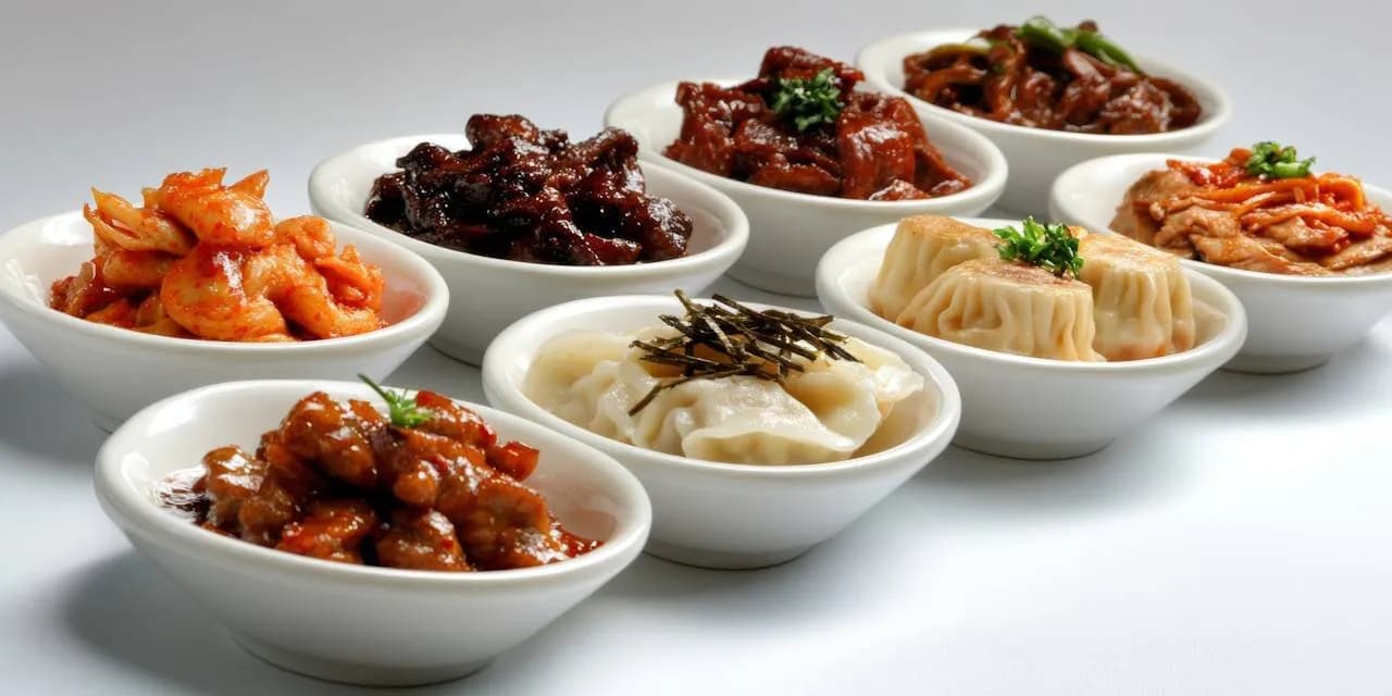 Small white bowls of dumplings, glazed chicken and other dishes on a white table