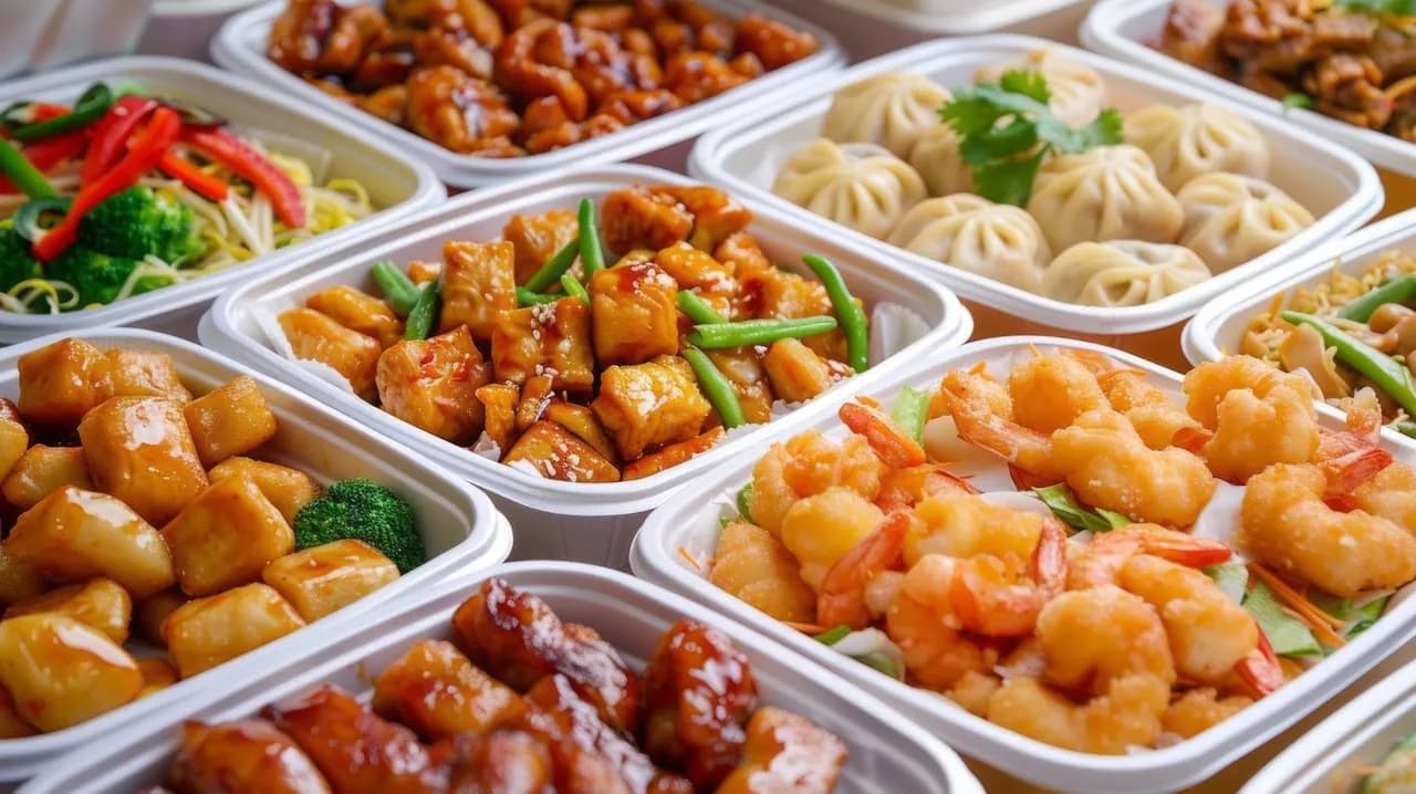 Takeout containers filled with shrimp, glazed chicken, dumplings and stir-fried vegetables